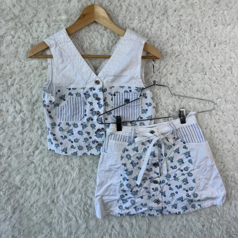 Cherokee‎ Girls 2 Piece Set Vest 10/12 + Skirt 7/8 White Blue Western Floral